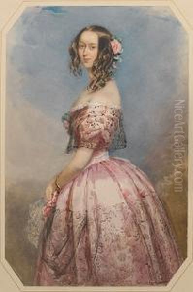 A Lady, Wearing Pink Dress, The 
Bodice Andskirt Lavishly Trimmed With Flounces Of Black Lace, Pink 
Rosecorsage And Gold Bracelet Around Her Left Wrist, Her Long Brownhair 
Dressed In Ringlets With Pink Roses And Green Leaves, Sheholds A White 
Lace  Oil Painting by Francois Theodore Rochard