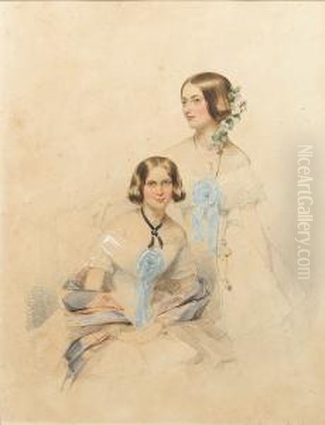 Mrs Ripon (nee Margaret Augusta 
Elwes),wearing White Dress With Lace Bertha, A Rosette Of Blue 
Ribbonpinned To Her Breast, Black, Red And Blue Shawl Around Her 
Arms,gold Bracelets, And Black Ribbon Choker, Her Brown Hair 
Loopedaround Her Ears, Sea Oil Painting by Francois Theodore Rochard