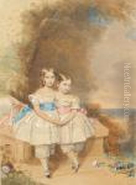 Two Young Children, The One To 
The Leftwearing Full-skirted White Dress With Short Sleeves And Tied 
Bluesash, White Drawers Trimmed With Broderie Anglaise, White Anklesocks
 And Black Slippers, Her Hair Dressed In Ringlets, The One Tothe Right 
Wear Oil Painting by Francois Theodore Rochard