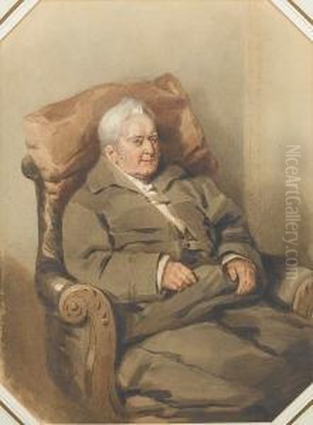 An Elderly Gentleman, Wearing 
Grey Coat Overwhite Shirt, A Blanket Covering His Knees, Seated In A 
Carved Andupholstered Armchair With A Cushion Behind His Head. Oil Painting by Francois Theodore Rochard