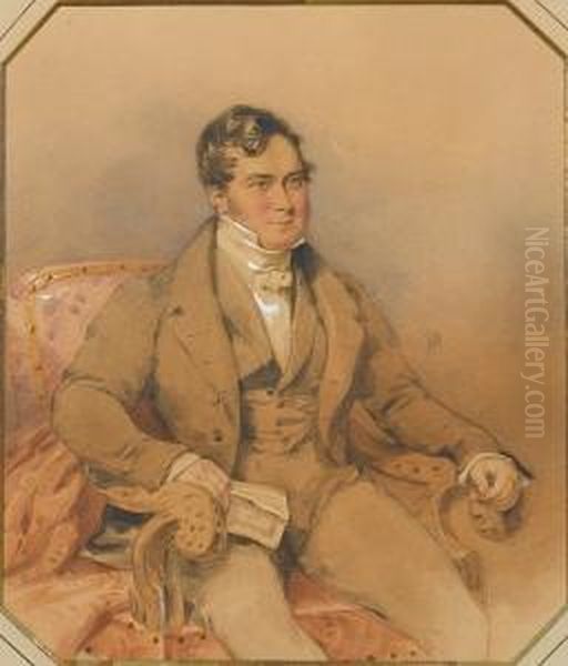 A Gentleman, Wearing Brown Frock
 Coat,waistcoat And Trousers Over White Shirt And Tied White 
Stock,seated In A Carved And Upholstered Armchair, A Pamphlet Held In 
Hisright Hand. Oil Painting by Francois Theodore Rochard