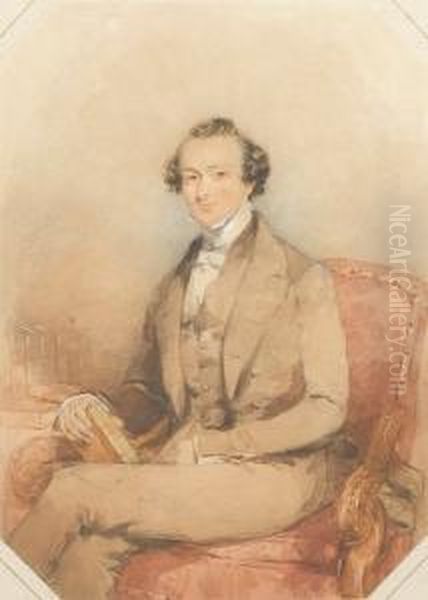 A Gentleman, Wearing Brown 
Frock-coat,waistcoat And Trousers Over White Shirt With High Tied White 
Stock,seated In An Upholstered Red Armchair, A Book Held In His 
Righthand, Books Visible On A Tabletop To His Right. Oil Painting by Francois Theodore Rochard