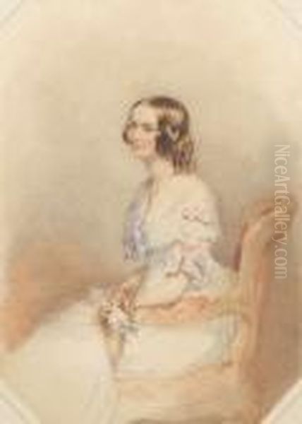 A Lady, Wearing White Dress With
 Lace Bertha,the Bodice And Short Sleeves Trimmed With Tied Pink 
Ribbons, Ablack Ribbon With Gold Pendant Around Her Neck, A Pink Rose In
 Herright Hand, Her Brown Hair Dressed In Ringlets, Seated In 
Anupholstered Re Oil Painting by Francois Theodore Rochard