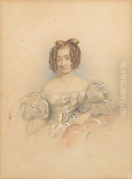 Mary Scriven (d.c.1849), Wearing
 Cream Dresswith Lace Shoulder Caps, Short Puffed Sleeves And Long 
Gauzeoversleeves, Gold Belt Buckle And Knotted Ribbon Corsage, Her 
Brownhair Worn In Ringlets. Oil Painting by Francois Theodore Rochard