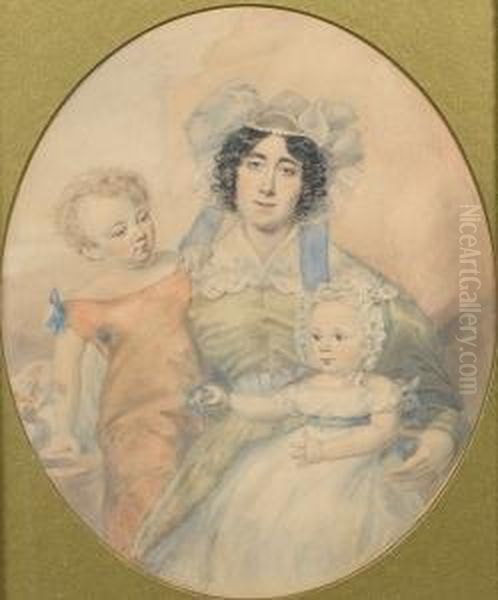 A Lady, Wearing Green Dress With
 Frilled Whitecollar And Blue Sash, Her Black Hair Curled And Upswept 
Beneath Aruffled White Cap With Orange Spots And Trimmed With Blue 
Ribbons,seated, A Baby In A White Smock With A Blue Sash And Frilled 
Whitecap  Oil Painting by Francois Theodore Rochard