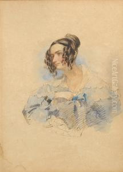 Ellen Werge, Wearing Blue Dress 
With Frilledwhite Pelerine Collar And Corsage Of Knotted Blue Ribbon, 
Her Brownhair Dressed In Ringlets And A Bun. Oil Painting by Francois Theodore Rochard