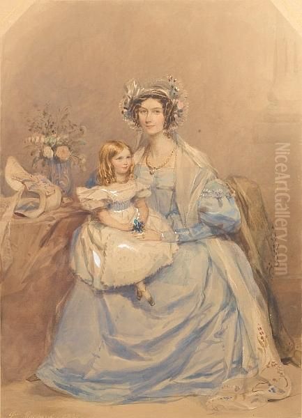 Mrs Robert Close (d.1874), 
Wearing Blue Dresswith Bertha And Gigot Sleeves, Gold Chain Around Her 
Neck And Goldring On Her Left Hand, Long White Gauze Shawl With 
Floralembroidered Border Around Her Shoulders, Her Brown Hair Dressed 
Insausage Curls Oil Painting by Francois Theodore Rochard
