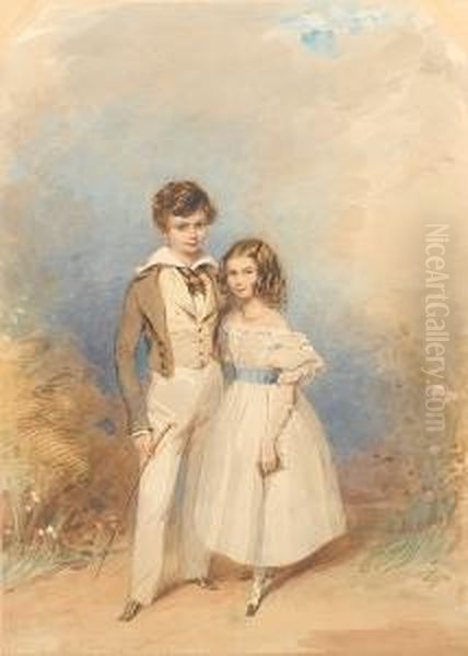 Vere Henry Close, Wearing Brown 
Coat Over Buffwaistcoat With Brown Spots, White Shirt With Turned-back 
Collar Andtied Brown Stock, Cream Trousers And Brown Boots, Holding A 
Ridingcrop In His Right Hand, And Sophia Caroline Close, Wearing 
Whitedres Oil Painting by Francois Theodore Rochard