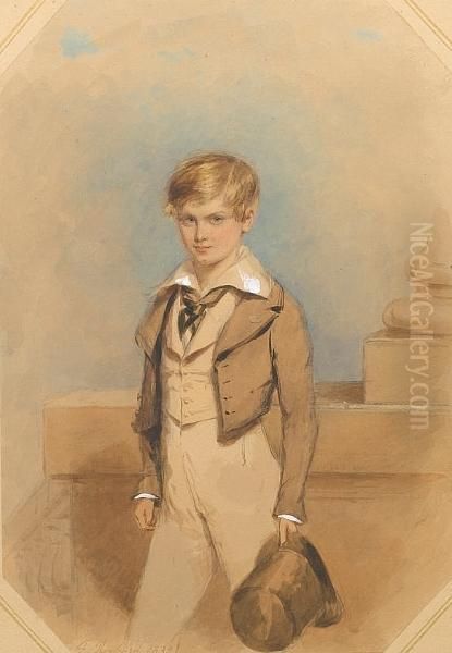 Barry Maxwell Close 
(1828/9-1873), Wearingbrown Coat Over Buff-coloured Trousers And 
Waistcoat, With Abroad-collared Shirt And Tied Black Cravat, A Top Hat 
In His Lefthand, Ledge And Column Behind. Oil Painting by Francois Theodore Rochard