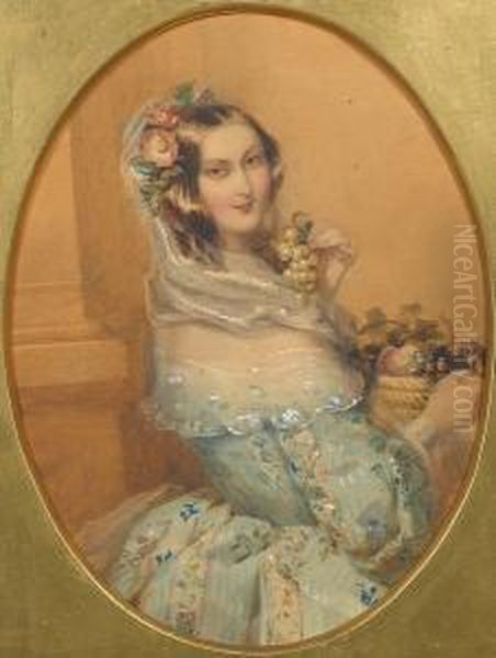 A Lady, Wearing Flowered Green 
Dress With Fullsleeves And White Lace Bertha, Her Brown Hair Dressed 
With Redflowers And Green Leaves, A Striped White Veil Covering The Back
 Ofher Head, A Basket Of Fruit In Her Right Hand, Her Raised Left 
Handholdi Oil Painting by Francois Theodore Rochard