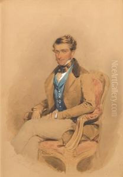 A Pair Of Portraits Of The Rev. 
George Gilbeybarton, Wearing Fawn-coloured Coat With Brown Collar, Buff 
Colouredtrousers, Blue Waistcoat And White Shirt With Tied Black 
Stock,seated In A Carved And Upholstered Armchair; And Mrs Barton 
(neelouisa A Oil Painting by Francois Theodore Rochard