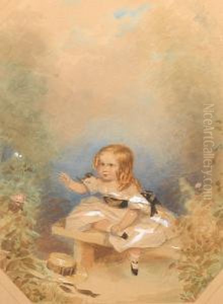 A Young Girl, Wearing White 
Dress Trimmed Withlace, Black Ribbon Sash And Knots Of Black Ribbon On 
The Shortpuffed Sleeves, White Ankle Socks And Black Slippers, Her Fair 
Hairdressed In Ringlets, Seated On A Bench, Stretching Out Her Righthand
 To  Oil Painting by Francois Theodore Rochard