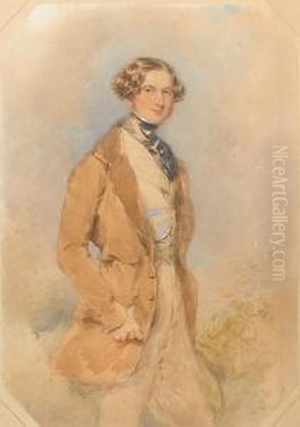 Stephen Ram (b.1819), Wearing 
Brown Frock Coatwith Buff Trousers, Striped Waistcoat And Tied Black 
Stock Withpin, A Broad Brimmed Top Hat In His Left Hand. Oil Painting by Francois Theodore Rochard