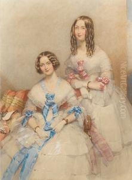 Two Young Ladies, The One On The
 Left Wearingwhite Dress With Lace Bertha And Flounced Skirt, The Bodice
 Andthree-quarter Length Sleeves Lavishly Trimmed With Knots Of 
Blueribbon, Short White Gloves And Gold Bracelets On Her Wrists, 
Herbrown Hair  Oil Painting by Francois Theodore Rochard