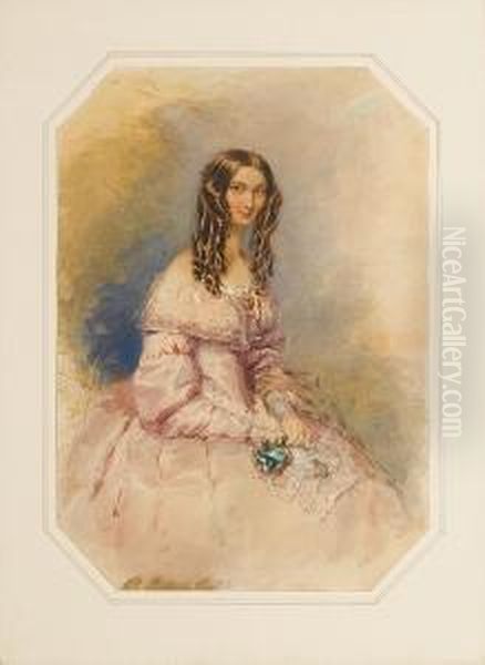 A Lady, Wearing Pink Dress With 
White Lacebertha, Gold Brooch Set With Red Stone At Her Breast, Fine 
Goldchain Around Her Neck, Her Long Brown Hair Dressed In 
Ringlets,holding A Sprig Of Flowers And A White Lace Handkerchief In 
Herlap. Oil Painting by Francois Theodore Rochard