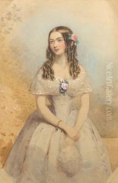 A Lady, Wearing Grey Dress With 
White Lacebertha, Corsage Of Pink Roses And Green Leaves, A Gold 
Bracelet Setwith A Blue Stone On Her Right Wrist, Her Arms Crossed In 
Front,holding A Lace Handkerchief In Her Left Hand, Her Long Brown 
Hairworn In R Oil Painting by Francois Theodore Rochard