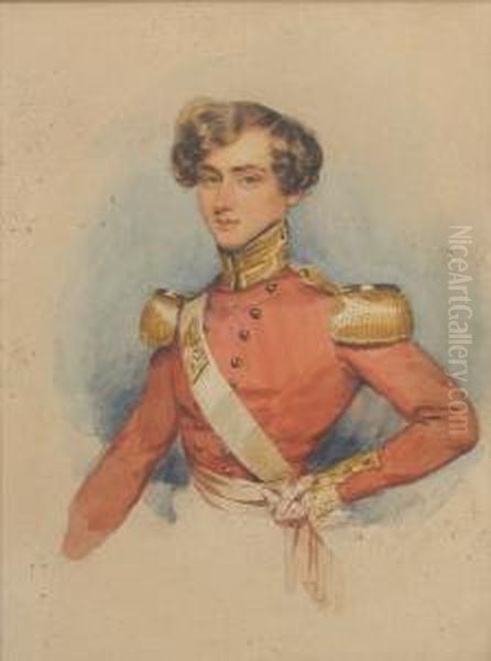 Captain Robert Dean Werge Of The
 39th Foot,wearing Red Coatee With Gold Collar And Epaulettes, White 
Crossbelt Bearing Gilt Belt Plate, A Crimson Sash Tied At Hiswaist. Oil Painting by Francois Theodore Rochard