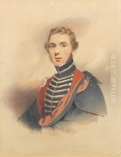A Staff Officer, Wearing Red 
Coatee With Blackfacings And Gold Lace, Gold Epaulette On His Right 
Shoulder, Ablack Cloak Lined With Red Over His Left Shoulder. Oil Painting by Francois Theodore Rochard