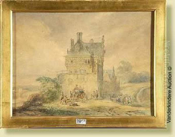 Lahalte Des Militaires Au 
Chateau, Aquarelle Sur Papier. Attribuee Acharles Rochussen. Ecole 
Hollandaise. Dim.:27,5x36,5cm Oil Painting by Charles Rochussen