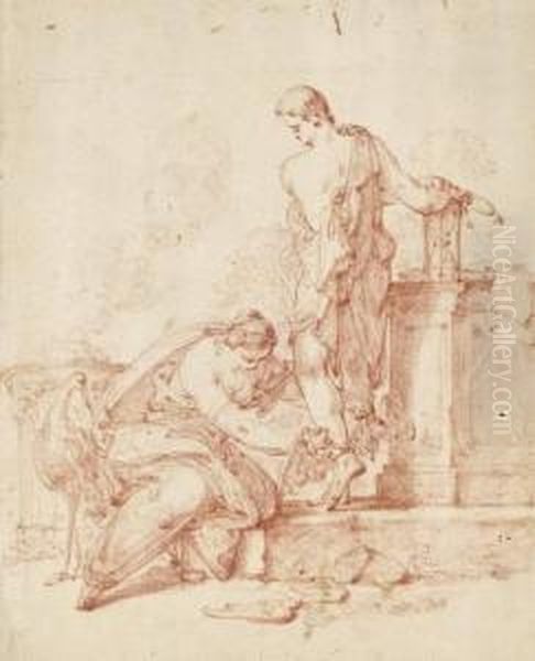 Mythologisch-allegorische Szene 
Mit Dem Gotterboten Hermes,dem Flugel An Seine Fersen Gebunden Werden, 
Einem Kranich, Altarund Sanduhr Oil Painting by Christian Bernhard Rode