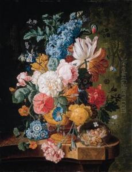 Roses, Lilies, Carnations, 
Polyanthus And Other Flowers In Asculpted Urn, A Wasp, Moth, Bee And A 
Bird's Nest On A Marbleledge Oil Painting by Johan Christiaan Roedig