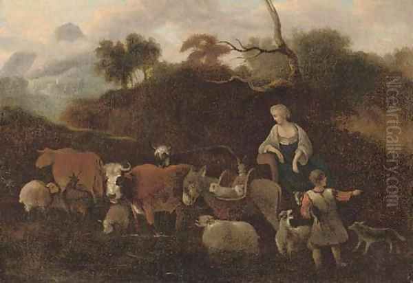 An Italianate landscape with a shepherd and shepherdess and their cattle Oil Painting by Simon van der Does