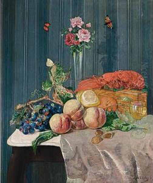 A Still Life With Roses In A 
Glass Vase, A Lobster, Butterflies, A Glass Of Wine And Fruits On A 
Table Oil Painting by Willem Roelofs