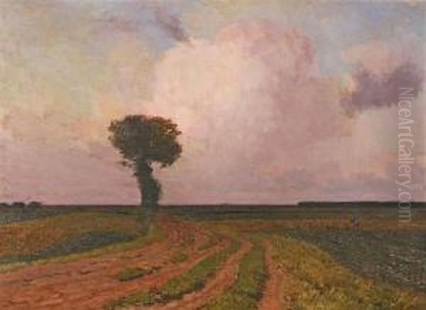 Vast Landscape With Lonely Tree And Farmer At Work Oil Painting by Louis Albert Roessingh