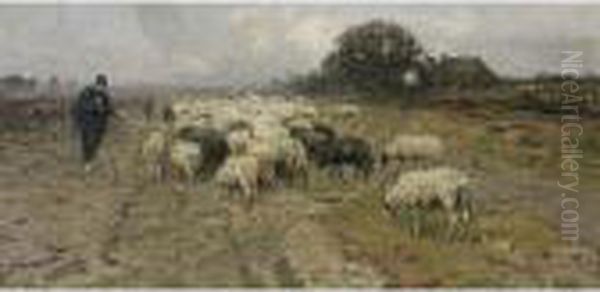 A Shepherd With His Flock Oil Painting by Louis Albert Roessingh