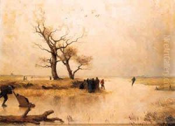 Winterfun: A Skater Pushing A Sledge On A Frozen River Oil Painting by Louis Albert Roessingh