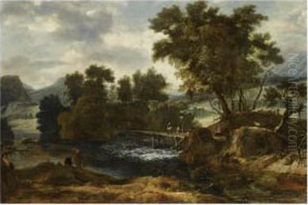 A River Landscape With 
Travellers Crossing A Wooden Bridge And Two Fishermen On The Nearside 
Riverbank Oil Painting by Roelandt Roghman