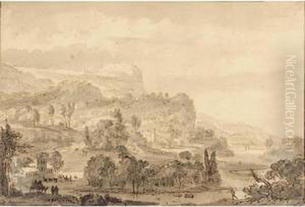 Recto: An Extensive Mountainous 
River Landscape With Travellers And Buildings In The Valley Oil Painting by Roelandt Roghman