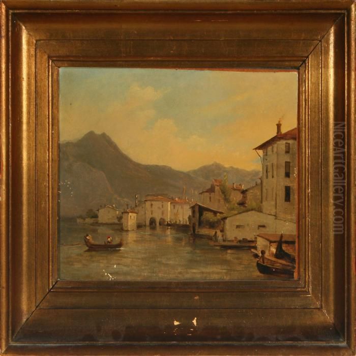 Southern Landscape With Houses By A River Oil Painting by Frederik Niels M. Rohde