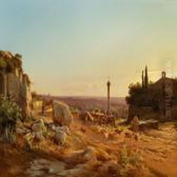 Italian Landscape With A Shepherd On A Road In The Mountains Oil Painting by Johan Rohde