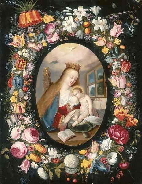 A garland of flowers surrounding a medallion of the Virgin and Child Oil Painting by Andries Daniels or Danielsz