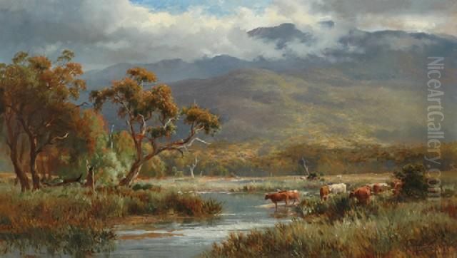 Cattle By The River Oil On 
Canvassigned 'c Rolando' Lower Right 59 X 102 Cm Provenance: 
Privatecollection Melbourne Oil Painting by Charles Rolando