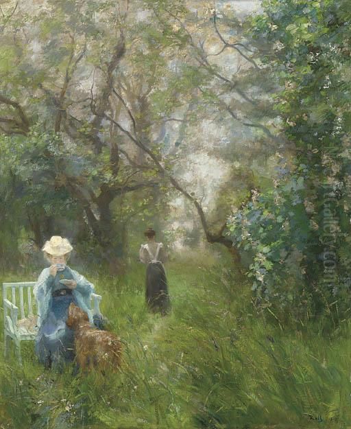 Tea In A Sunlit Glade Oil Painting by Alfred Roll