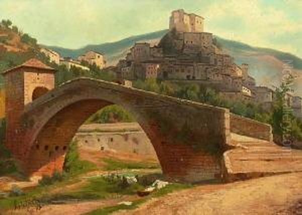 Vorn Die Bogenbrucke Uber Den 
Anio-fluss. L. U. Subiaco 5.10. 63 Datiert. Rucks. Auf Klebezetteln 
Bezeichnet Oil Painting by Julius Rollmann