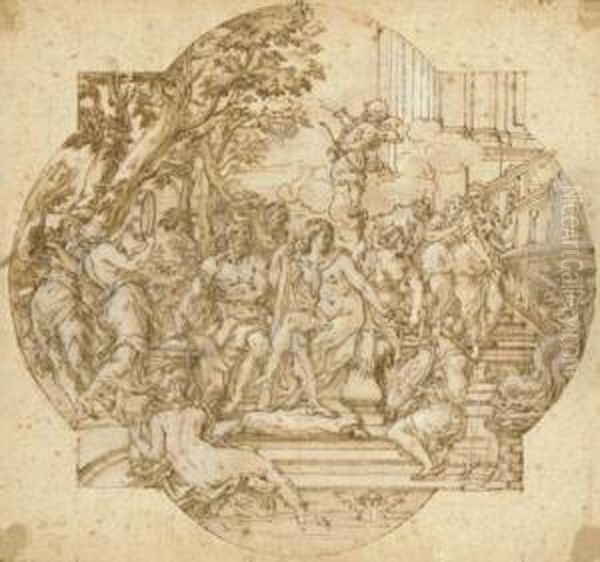 Hercules And Omphale With Nymphs
 On A Staircase Leading To A Fountain: Design For A Compartment Oil Painting by Giovanni Francesco Romanelli