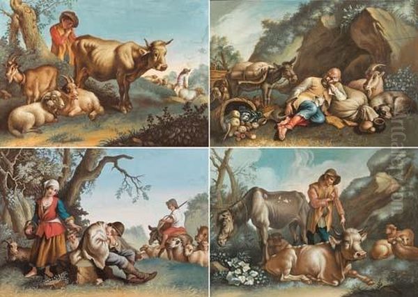 Giovane Pastore Con Giovenca, Capre E Una Pecora Oil Painting by Ettore Romano