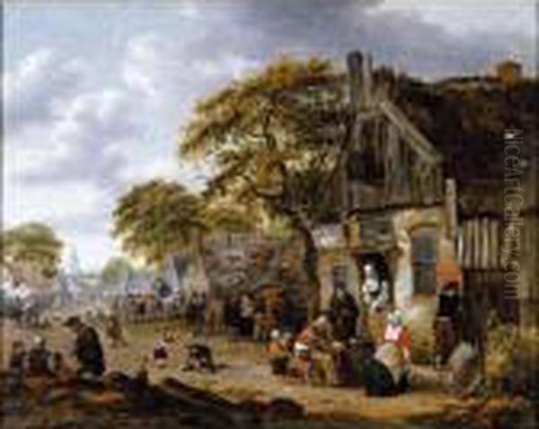 A Village Street Scene With 
Figures Drinking Outside An Inn And Vendors Hawking Their Wares Oil Painting by Salomon Rombouts