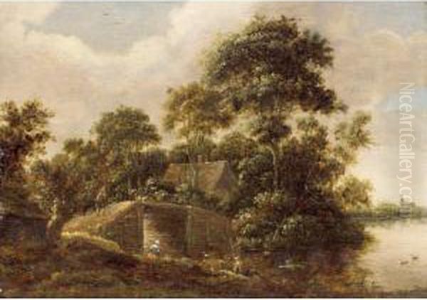 A River Landscape With A 
Fisherman Near A Bridge, A Cottage In The Woods Beyond And A Church In 
The Background Oil Painting by Salomon Rombouts
