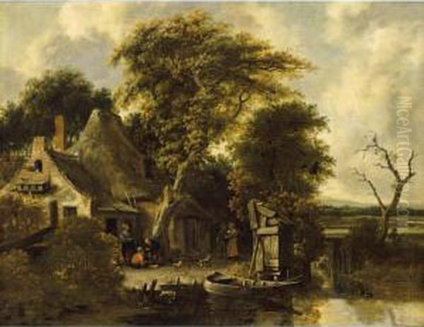 A Wooded Landscape With Peasants
 In A Courtyard Near A Farm With A Stream In The Foreground Oil Painting by Salomon Rombouts