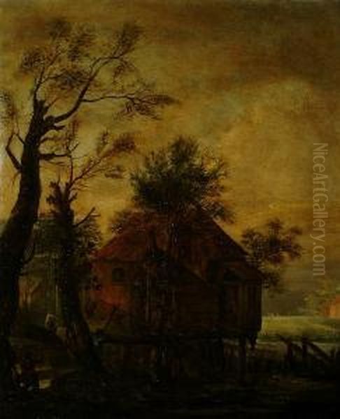 A Watermill With Figures In A Ferry Nearby Oil Painting by Salomon Rombouts