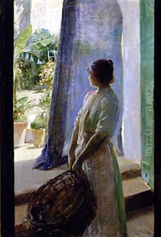 Mujer Asomada A La Puerta Del Jardin Oil Painting by Julio Romero De Torres
