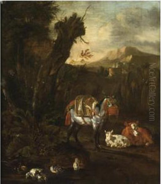 An Italianate Wooded Landscape 
With A Harnessed Donkey, A Cow, Asheep And Ducks Near A Pond In The 
Foreground Oil Painting by Willem Romeyn