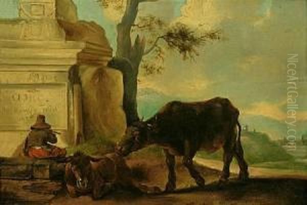 Angedenkstein Sitzender Hirte 
Mit Flote In Sommerlicherhugellandschaft; Kuh Und Esel Im Schatten Oil Painting by Willem Romeyn
