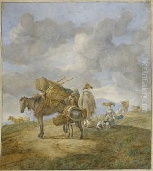 Hirtenpaar Mit Bepackten Pferden,
 Einem Esel Und Vieh. Oil Painting by Willem Romeyn