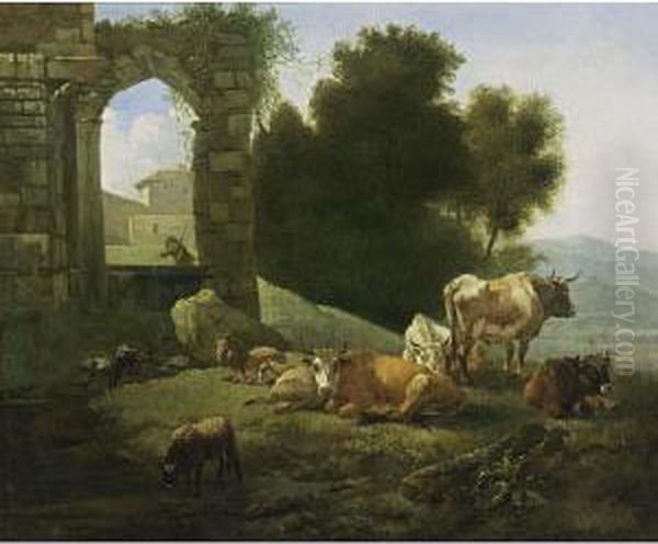 An Italianate Landscape With 
Cows, Sheep And Goats Resting And Watering In A Meadow, Near Classical 
Ruins Oil Painting by Willem Romeyn