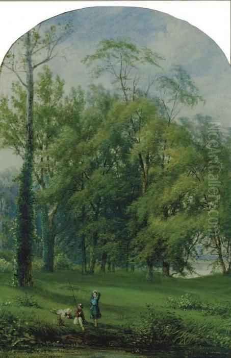 Figures Fishing By A Steam Oil Painting by Frederick Rondel Sr.